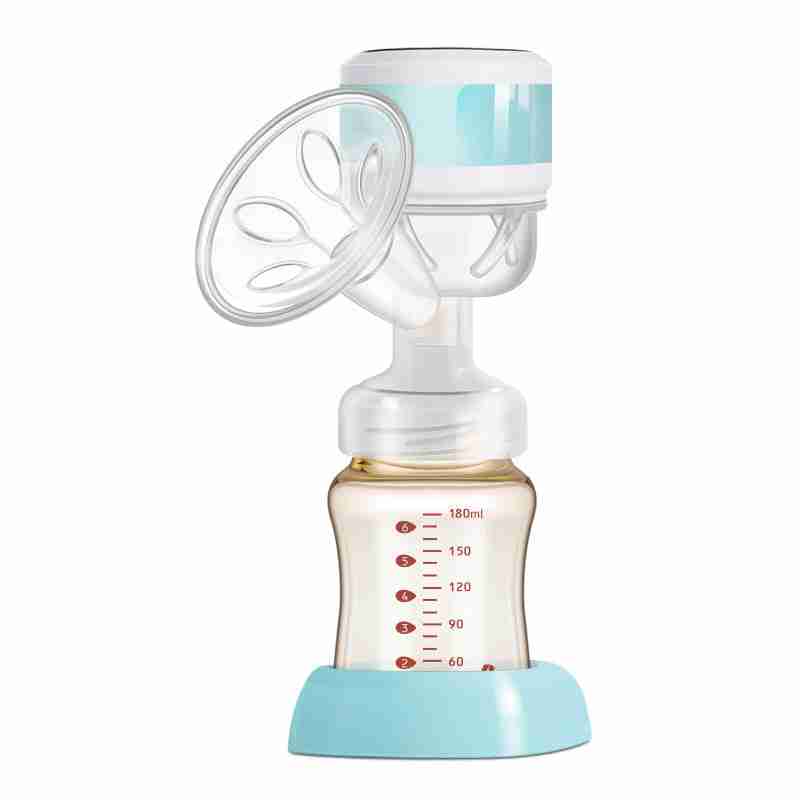 Pink and white silent electric breast pump with manual milker, silicone flange, and measuring bottle, surrounded by pink and white balls