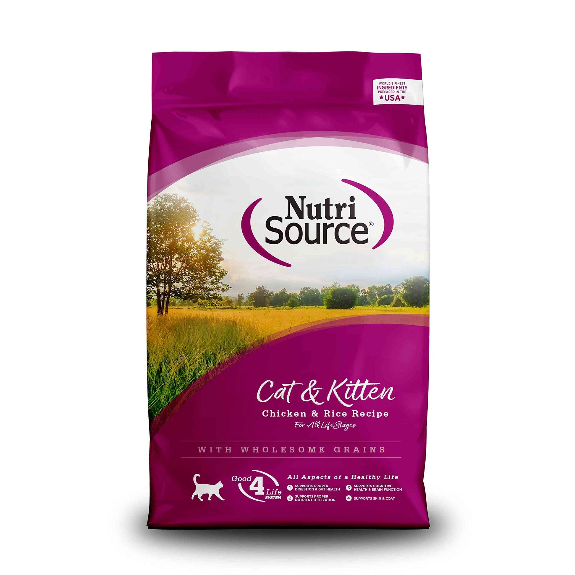 Bag of NutriSource Cat & Kitten Food with purple and white packaging, featuring a landscape with trees and a sunset, 16LB dry food