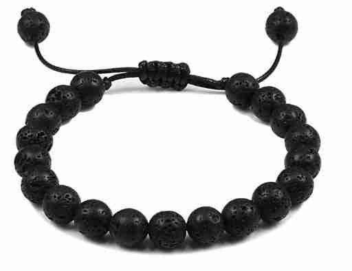8mm black lava stone beaded bracelet with black adjustable cord, porous textured beads, ideal for aromatherapy or casual wear