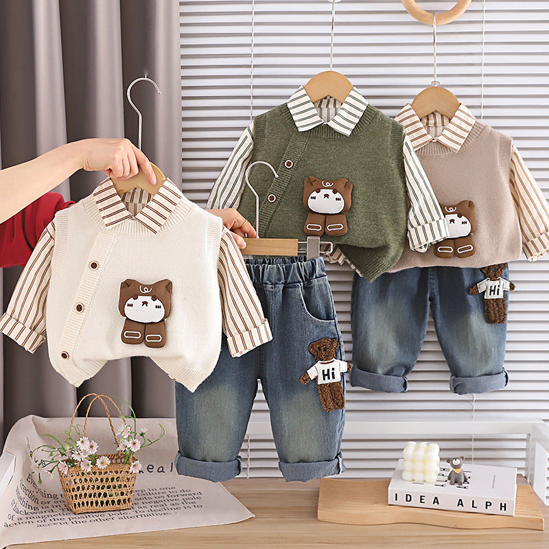Cartoon-Sweater-Weste-Dreiteiler-Set für Frühling und Herbst
