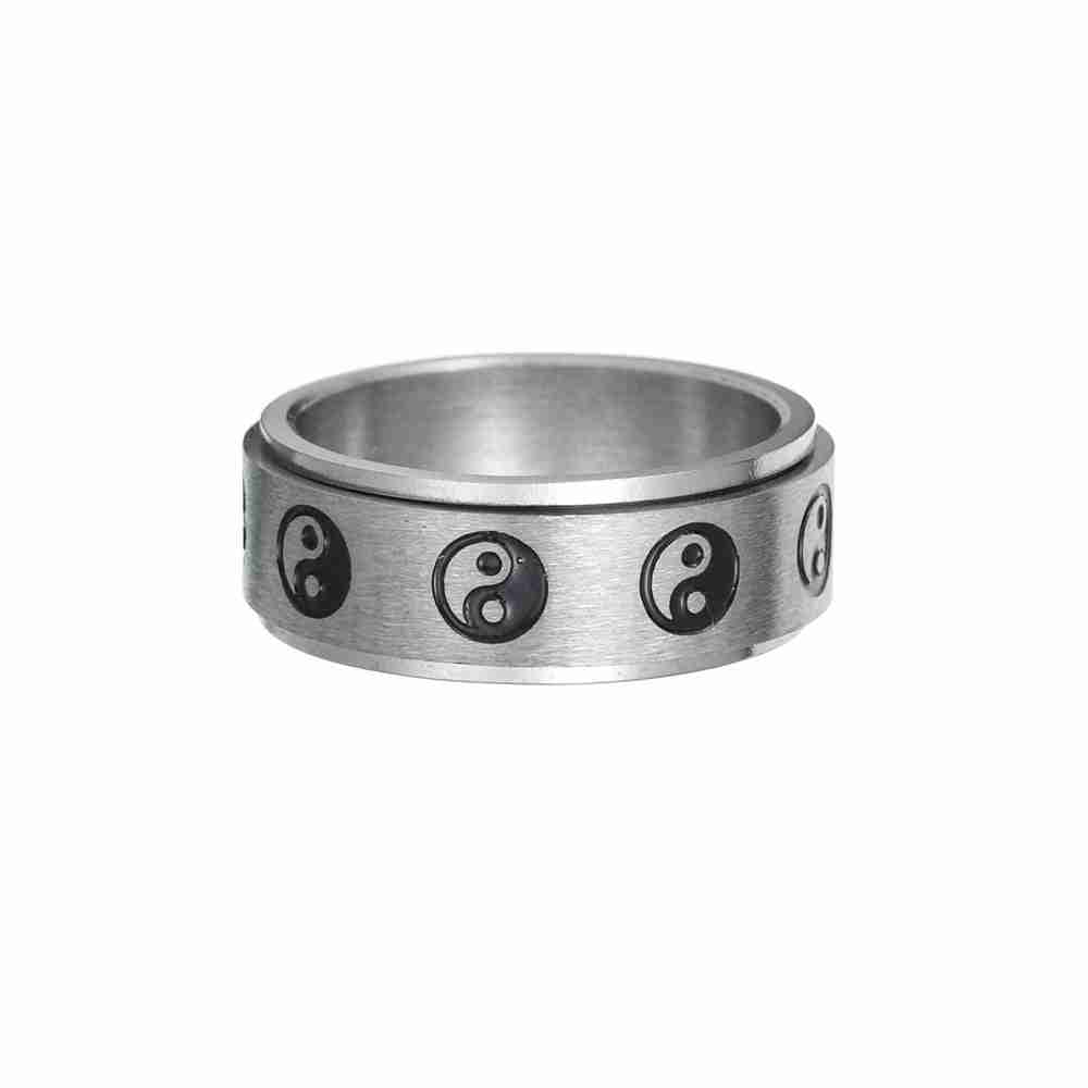 Close-up of stainless steel gossip ring with yin-yang symbols, black and silver finish, stylish unisex accessory, SKU: 1798309628090585097