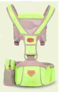 Colorful baby front carrier with neon green accents, adjustable straps, and padded seat for comfort