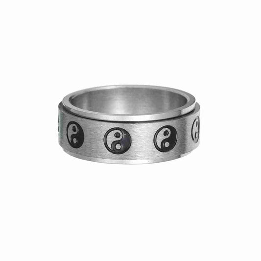 Stainless steel turning decompression gossip ring with black yin-yang symbols, wide band, unisex jewelry, SKU: 1798309628090585097