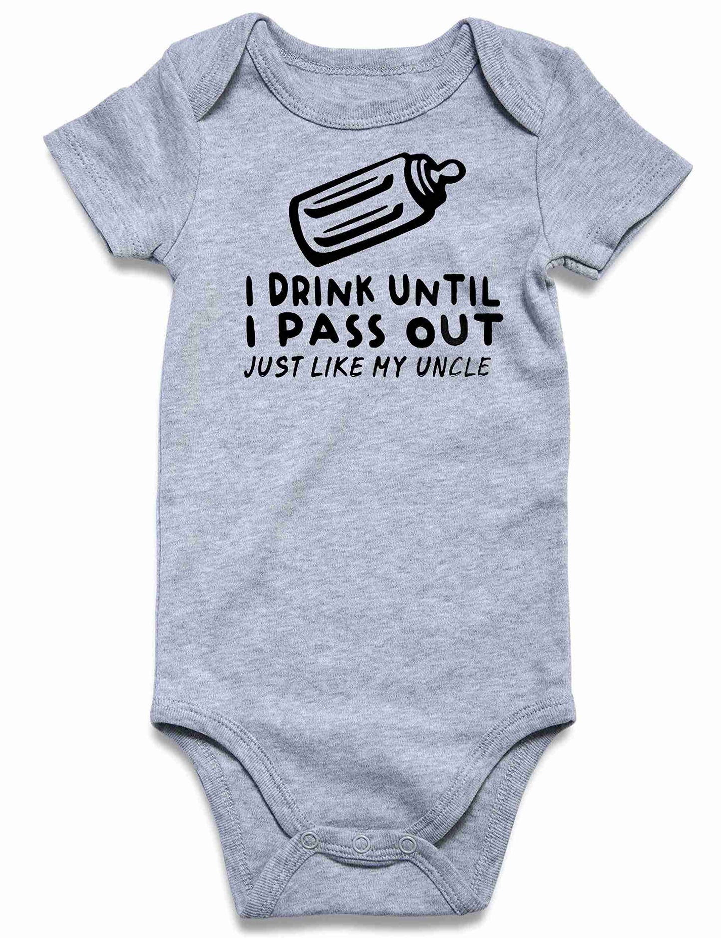 Gray baby onesie with a humorous graphic of a bottle and text 'I drink until I pass out just like my uncle' for boys, made of soft cotton