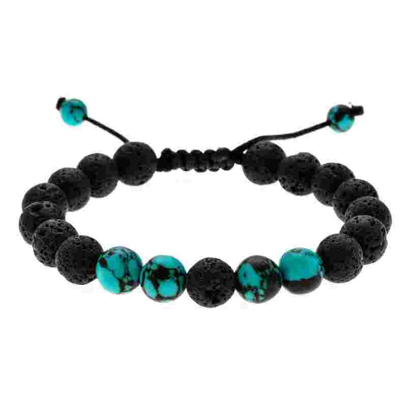 Black volcanic rock and turquoise bead bracelet with adjustable cord, 6.5cm inside diameter, lightweight about 15g, stylish jewelry accessory