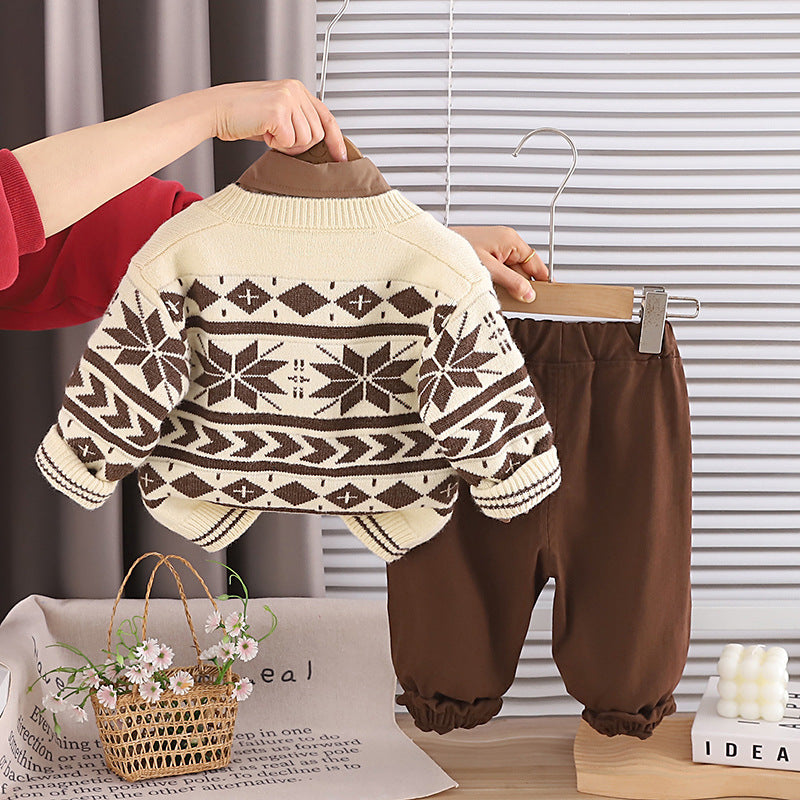 Frühlings- und Herbst-Schneeflockenpullover Langarm dreiteiliges Set
