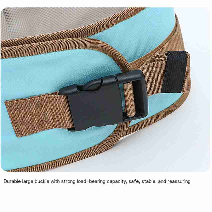 Baby front carrier waist stool with durable large buckle, brown strap, and black safety latch for secure fit
