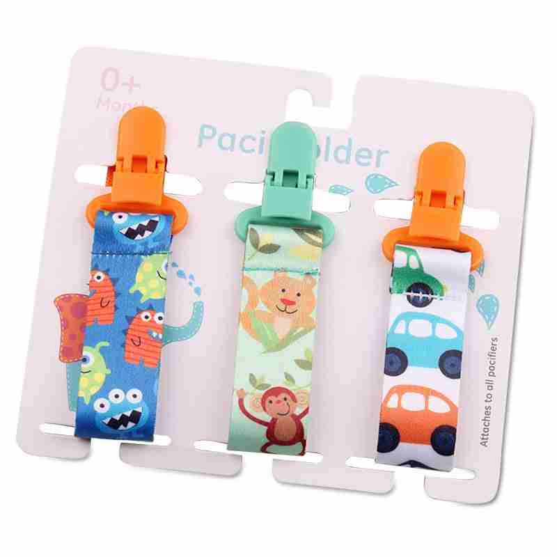 Assorted baby pacifier clips featuring playful ocean, animal, and vehicle prints, with plastic clips for easy attachment and safety
