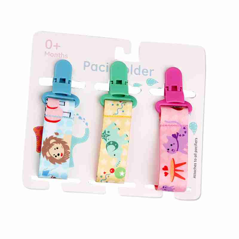 Adorable baby pacifier teether clips with pink, white, and blue designs, featuring animals like penguins and flamingos, plastic clips.