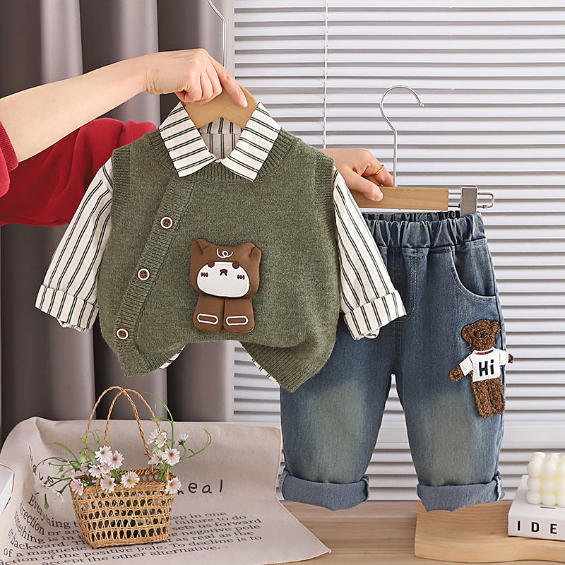Cartoon-Sweater-Weste-Dreiteiler-Set für Frühling und Herbst