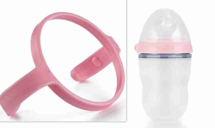 Pink silicone sippy cup with soft spout, handle, and straw, designed for young children learning to drink independently, SKU: 1797831302351720453
