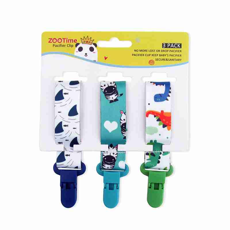 Three-pack of baby pacifier clips with cute animal prints, secure clips, and soft fabric straps for keeping pacifiers close