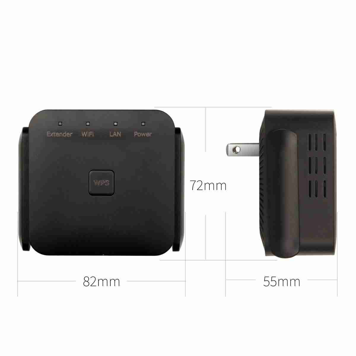 Black WiFi extender with dual antennas, compact size, LED status lights for WiFi, LAN, power, and easy setup for home network