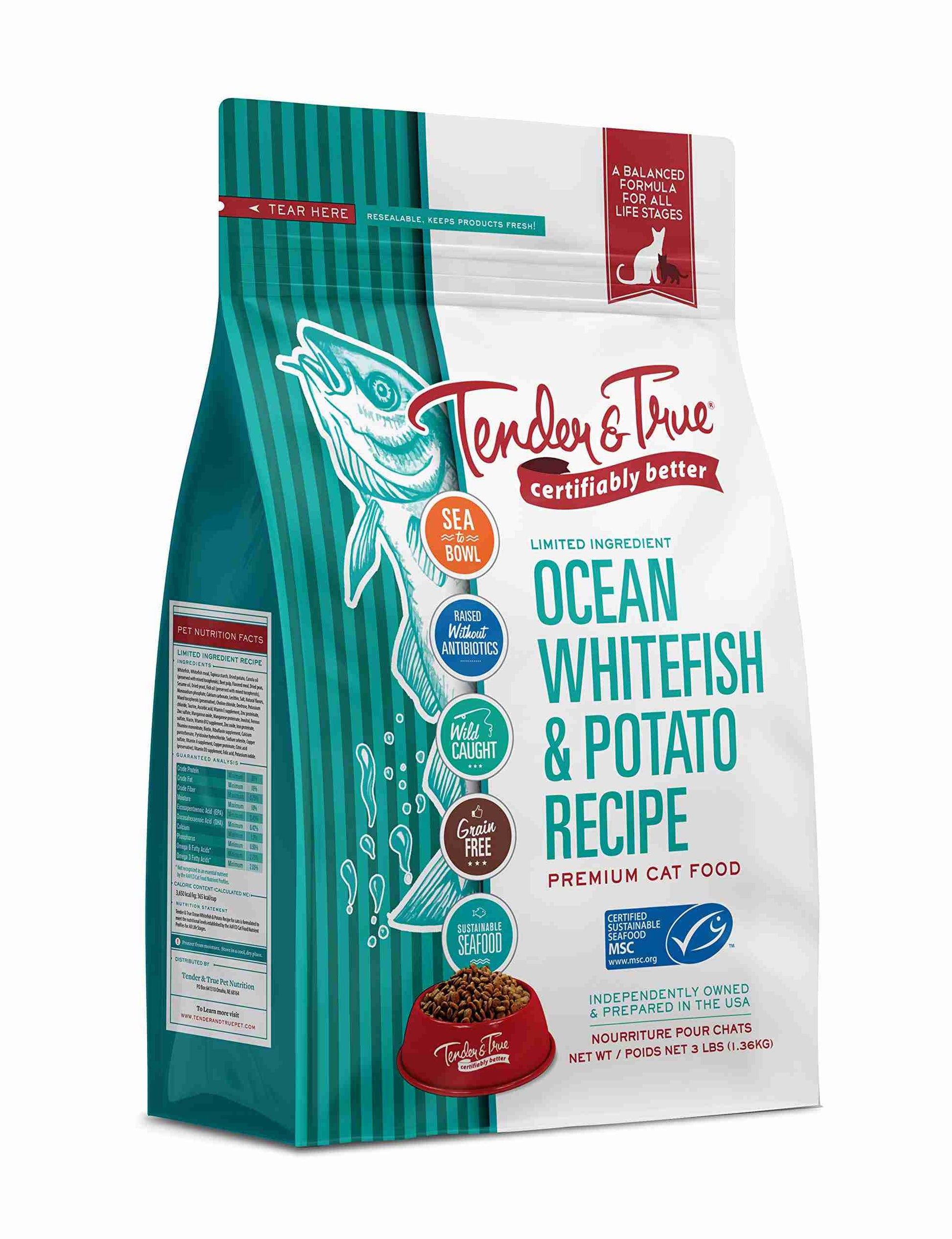 Bag of Tender & True Ocean Whitefish & Potato Recipe cat food with teal and white packaging, featuring a fish illustration, net weight 3 lbs, SKU: B06WRNZYSX