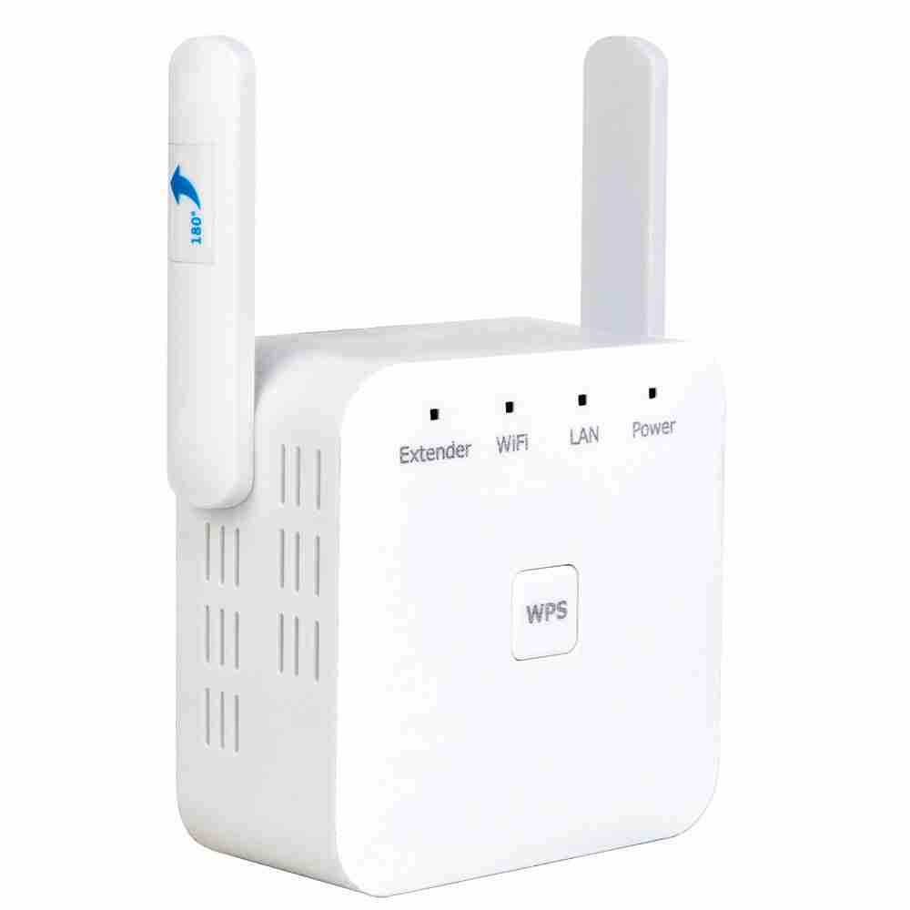 White WiFi signal booster with dual antennas, compact size, and LED indicators, ideal for enhancing home wireless network