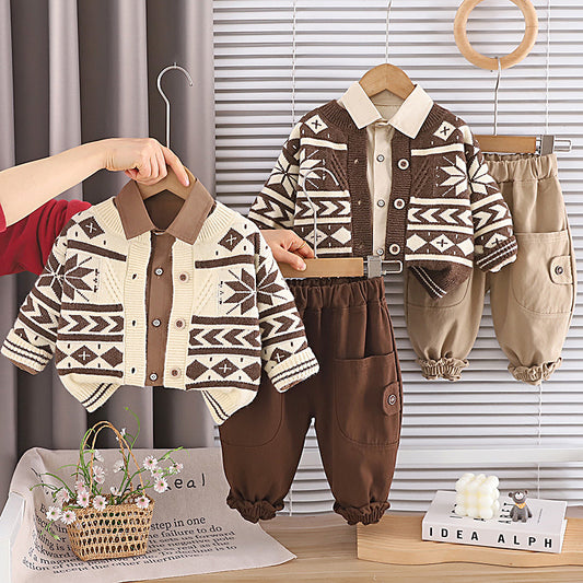 Ensemble trois pièces pull flocon de neige à manches longues printemps et automne
