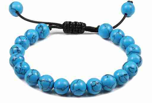 8mm vibrant blue turquoise gemstone beaded bracelet with black adjustable cord, round polished beads, suitable for stylish jewelry wear