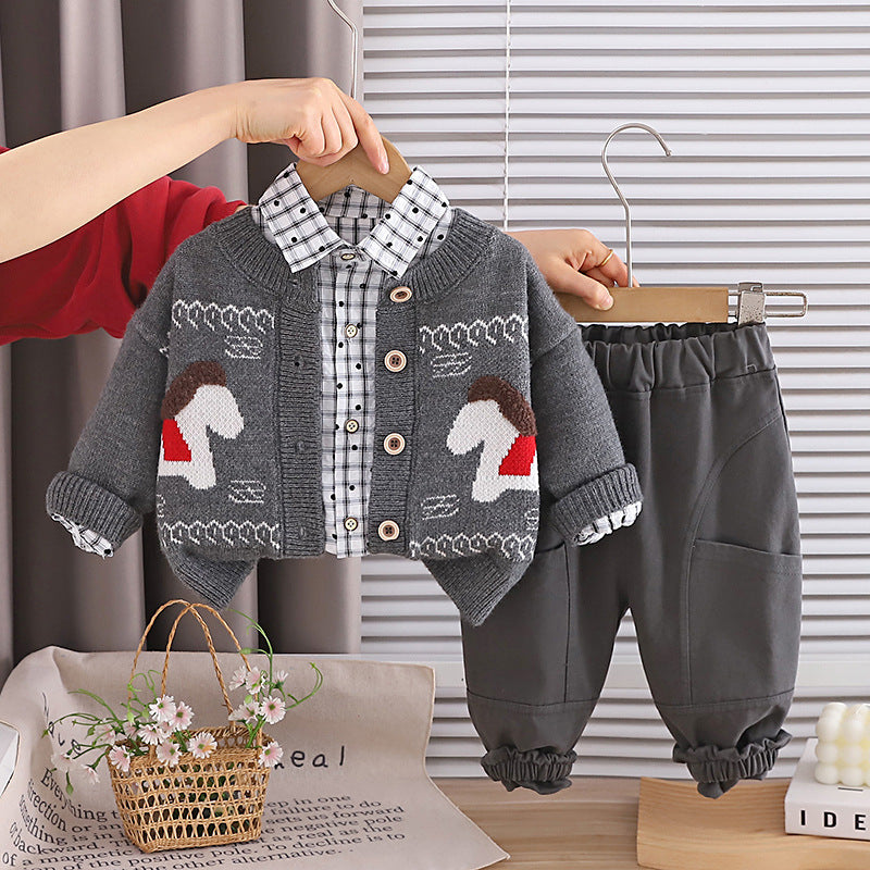 Frühling und Herbst Jungen Baby Langarm Pullover 3-teiliges Set
