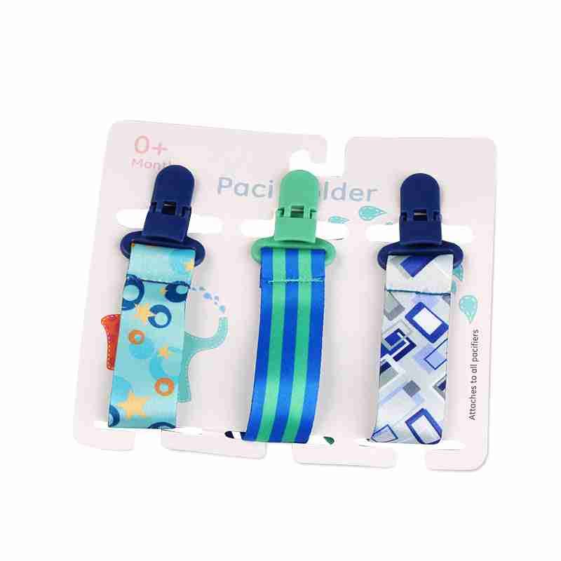 Baby pacifier teether clips with blue, green, and white geometric patterns, plastic clips, and vibrant designs for infants.