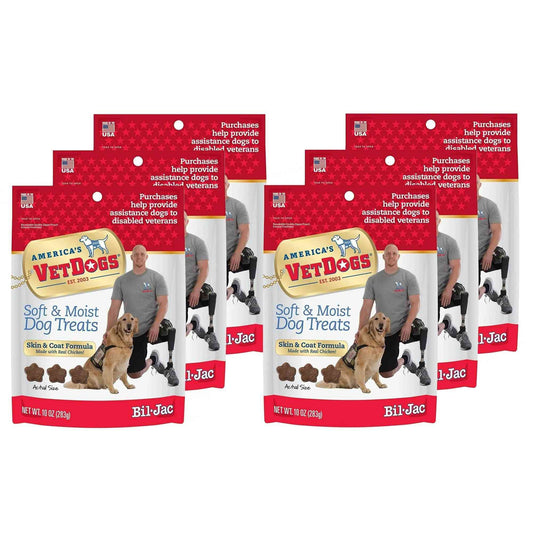 Red packaging of America's Vet Dogs soft and moist dog treats with a golden retriever and a man in gray shirt, made with real chicken, 10 oz