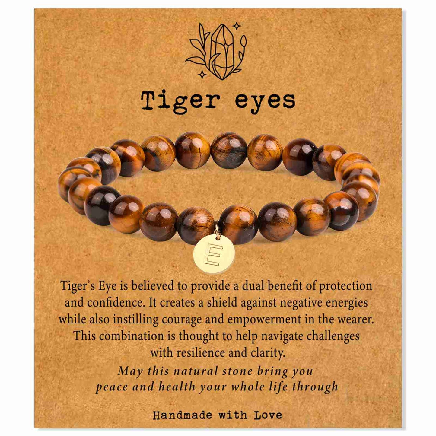 Close-up of tiger eye stone beaded bracelet with a gold letter E charm, on a textured brown background with product description text