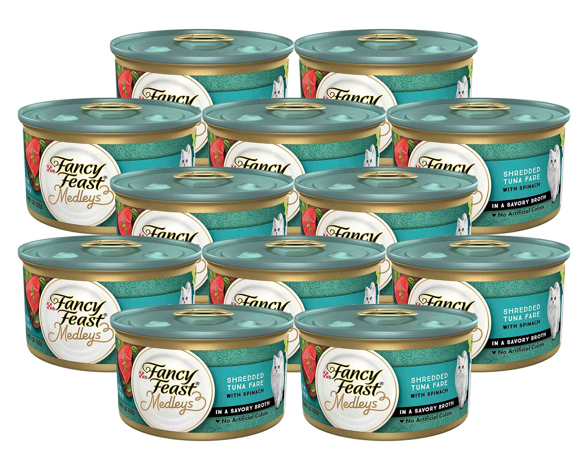 Close-up of six Fancy Feast Medleys shredded tuna cat food cans with teal lids, showing label with white cat and spinach imagery