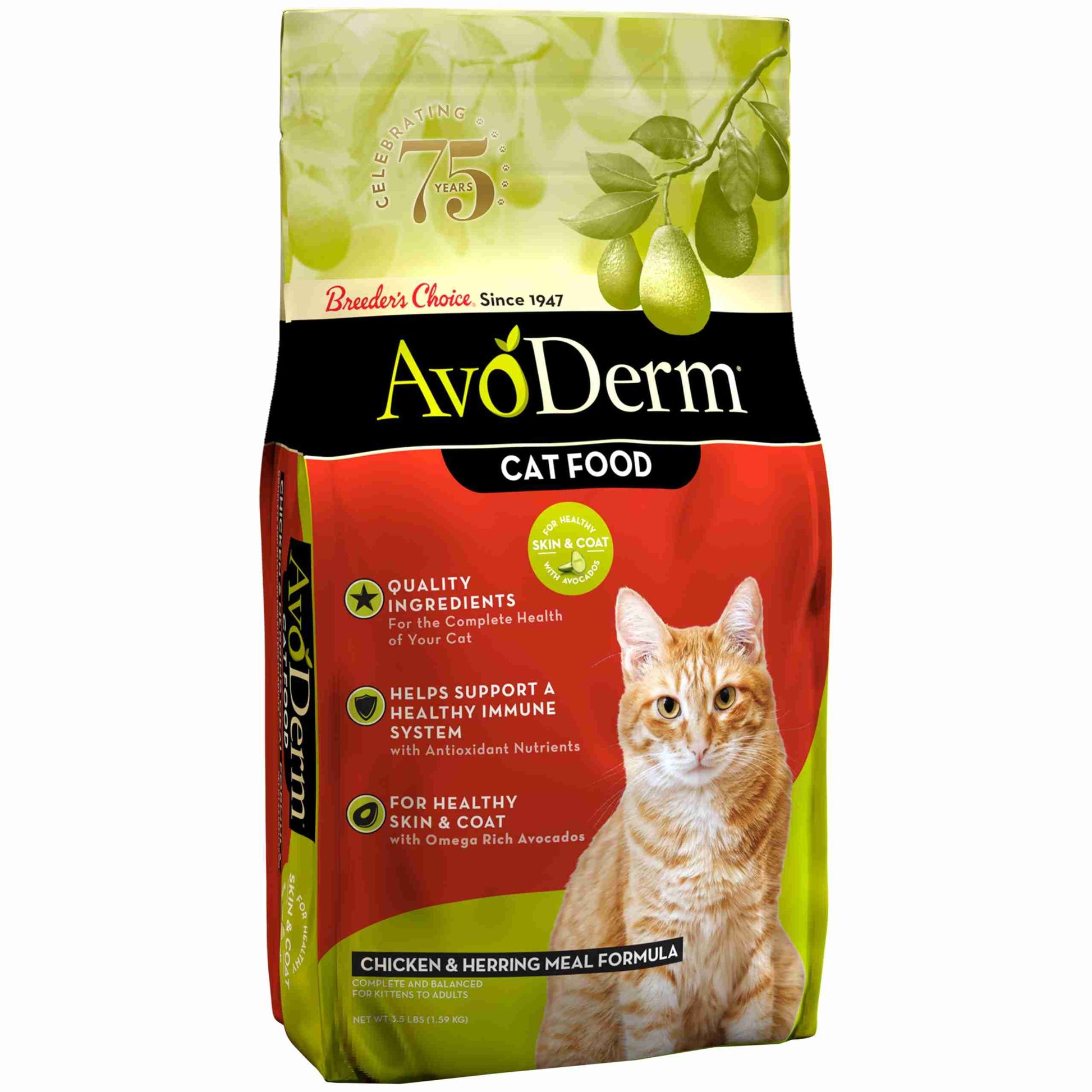 Green and red bag of AvoDerm Chicken & Herring Meal Adult Cat Food with a picture of an orange tabby cat, highlighting balanced nutrition and omega-rich avocados