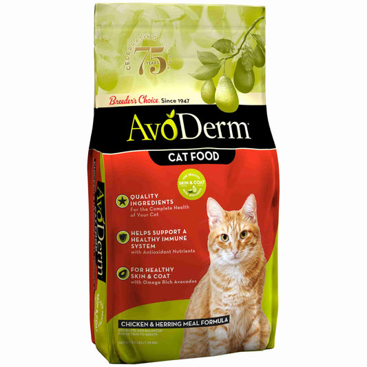 Green and red bag of AvoDerm Chicken & Herring Meal Adult Cat Food with a picture of an orange tabby cat, highlighting balanced nutrition and omega-rich avocados
