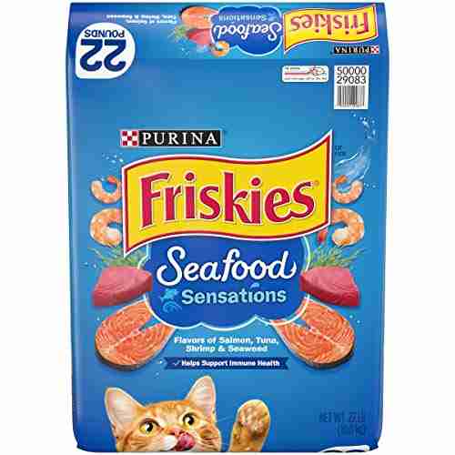 Blue bag of Purina Friskies Seafood Sensations dry cat food with salmon, tuna, shrimp flavor, 22 lb. bag, featuring a cat image