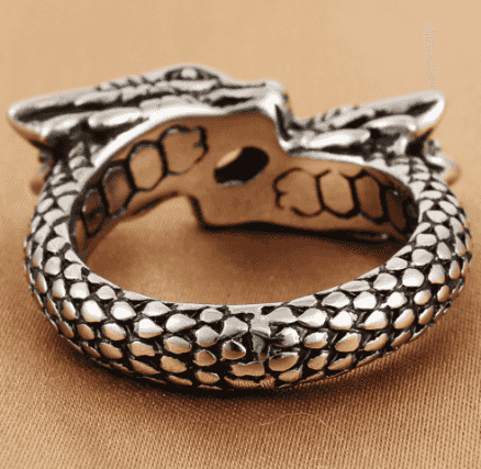 Silver Chinese dragon ring with a textured, scale-like band and detailed dragon head, perfect for bold fashion statements.
