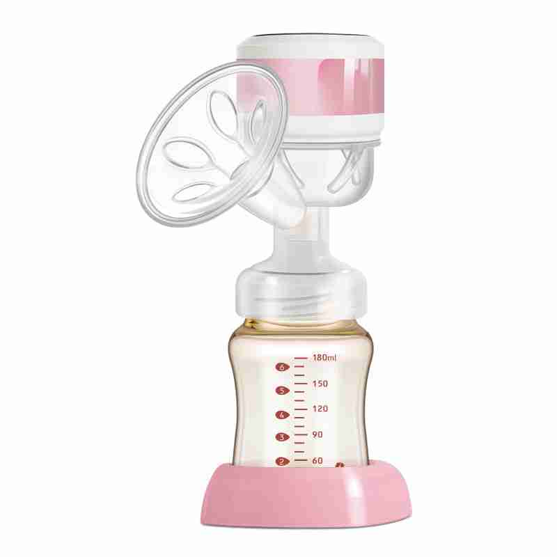 Pink and white silent electric breast pump with manual milker, silicone flange, and measuring bottle for breastfeeding convenience