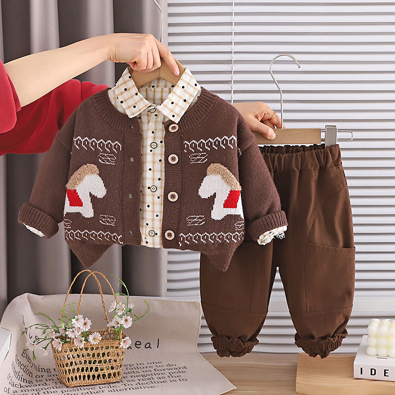 Frühling und Herbst Jungen Baby Langarm Pullover 3-teiliges Set