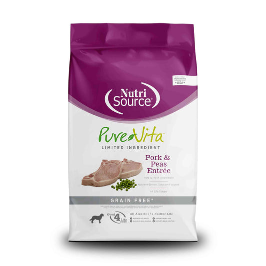 Purple and white bag of NutriSource Grain Free Pork and Pea dog food with images of pork, peas, and a dog silhouette, SKU: B07FBPHXCG