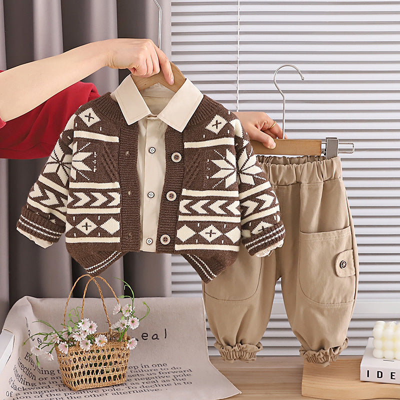 Frühlings- und Herbst-Schneeflockenpullover Langarm dreiteiliges Set