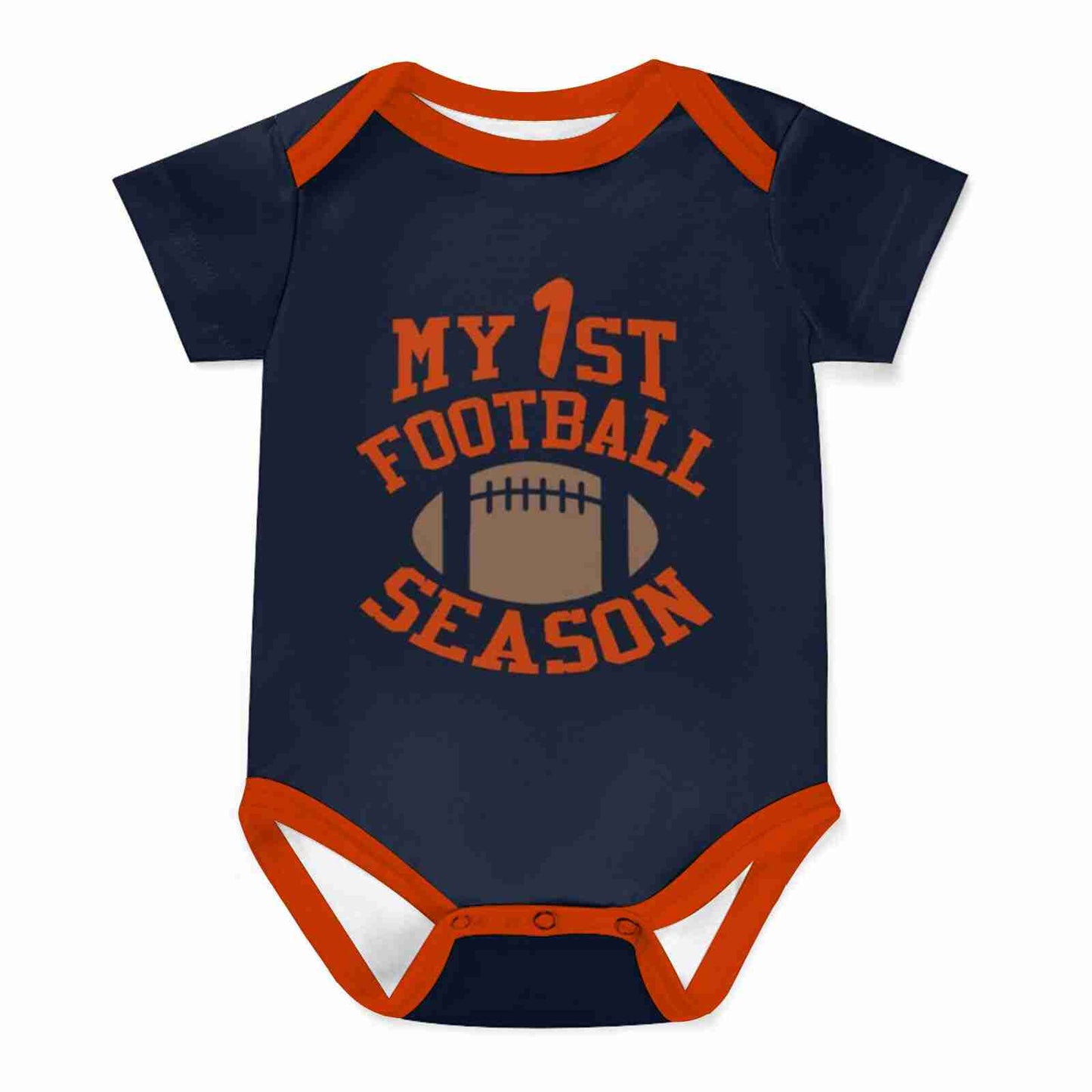 Navy blue baby bodysuit with orange trim and football graphic, featuring 'My 1st Football Season' text for boys and girls, SKU: B0D9M55YWD