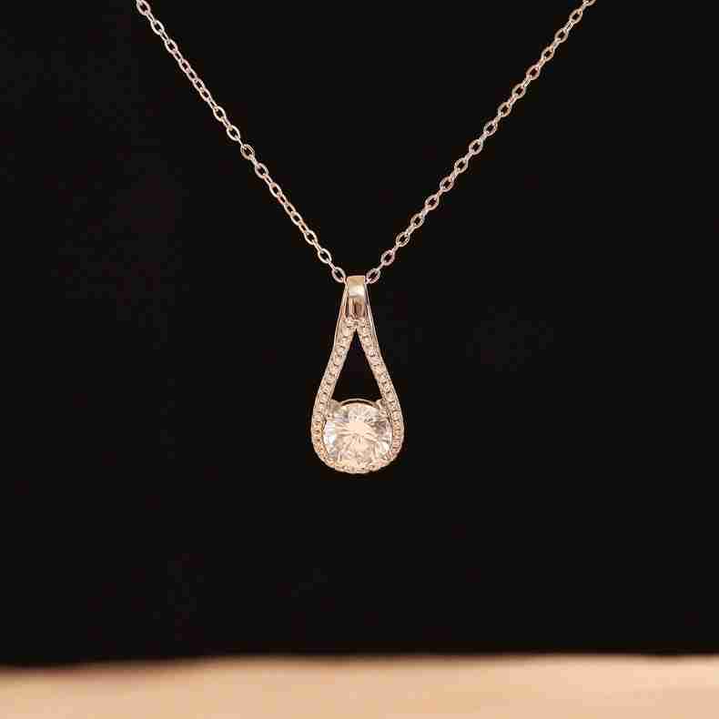 Elegant silver necklace with a cubic zirconia teardrop pendant, jewelry for women, perfect for special occasions or everyday wear - SKU: 1789112202074787841
