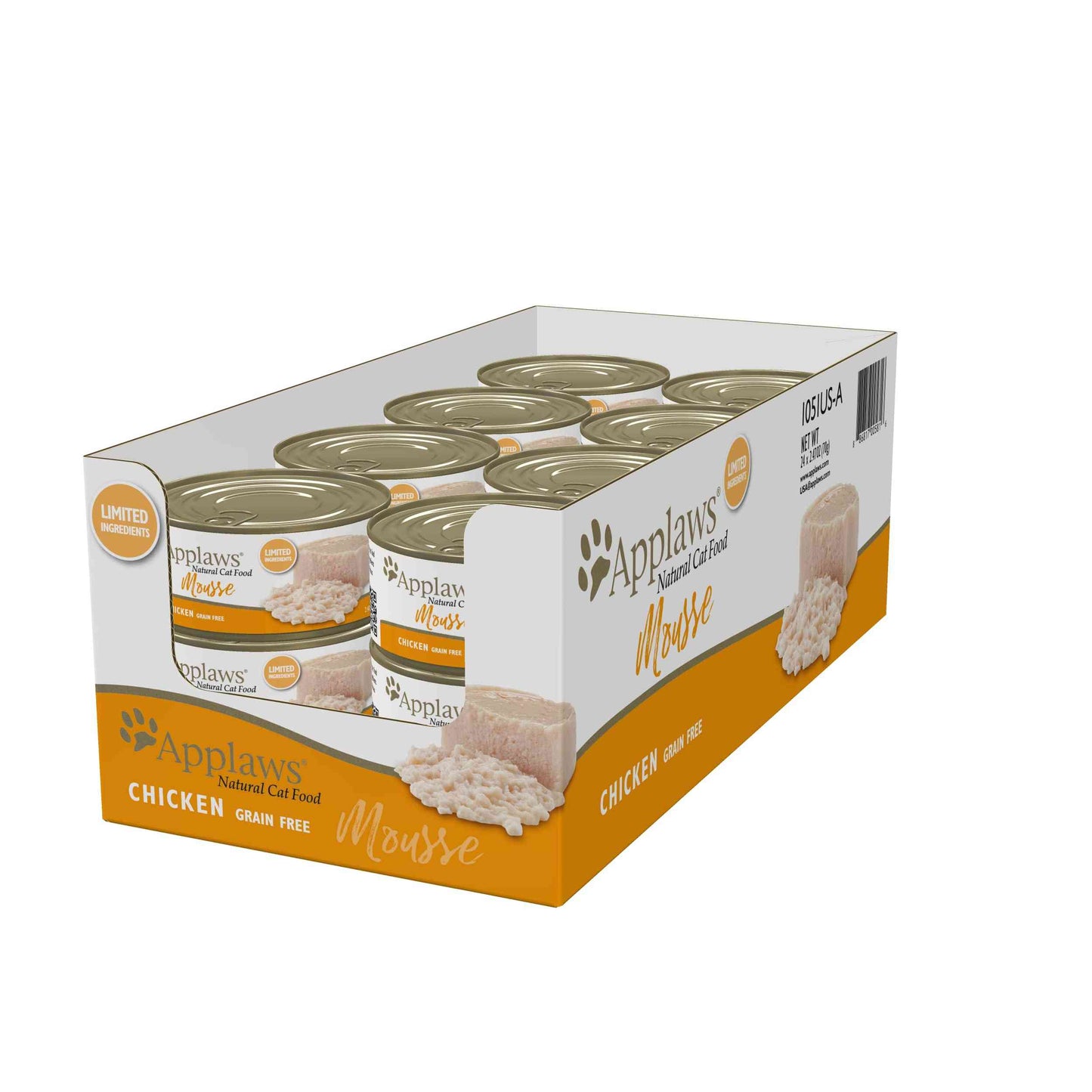 Open box of Applaws natural cat food with multiple beige cans labeled chicken mousse, showing a close-up of the cans inside