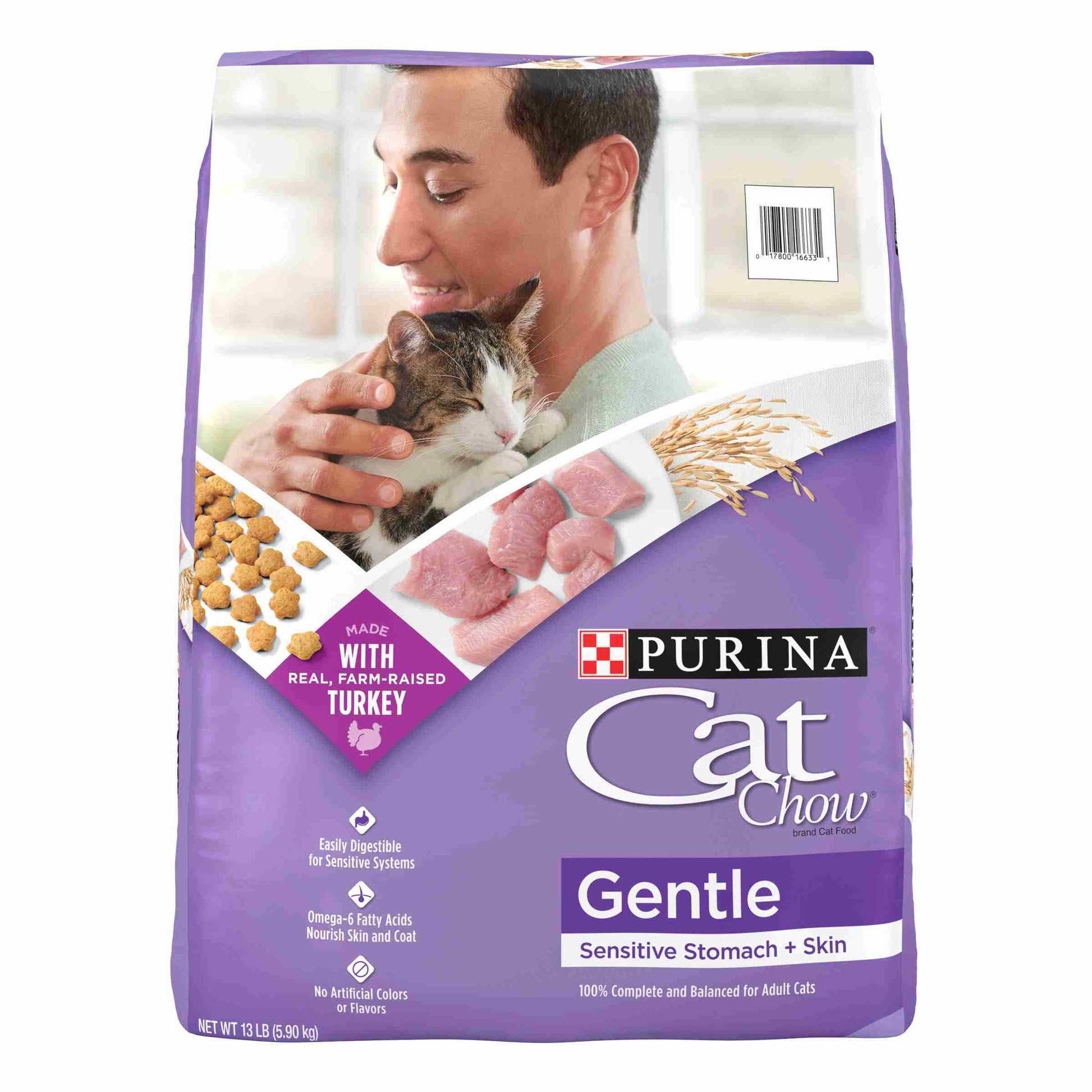 Purple bag of Purina Cat Chow Gentle cat food for sensitive stomachs, featuring a man holding a cat, with images of chicken and grains, net weight 13 lb