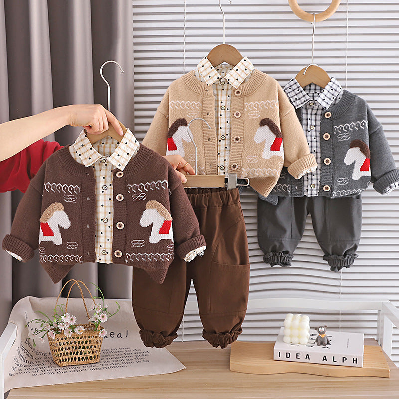 Frühling und Herbst Jungen Baby Langarm Pullover 3-teiliges Set