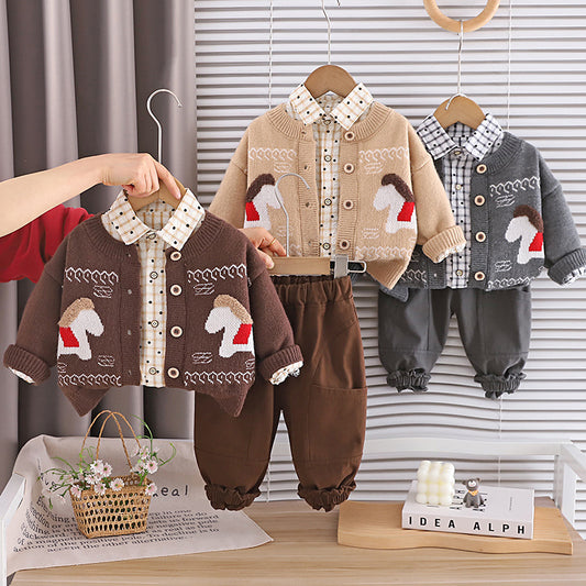 Ensemble 3 pièces pull manches longues pour bébé garçon printemps et automne