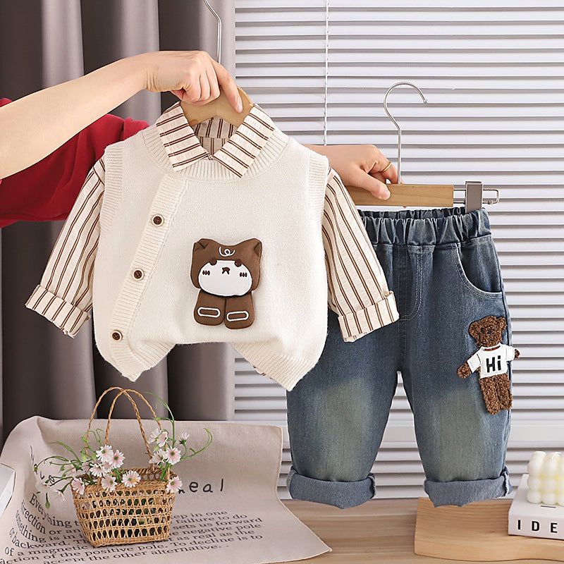Cartoon-Sweater-Weste-Dreiteiler-Set für Frühling und Herbst