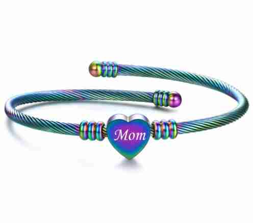 Colorful rainbow braided stainless steel bracelet with a heart-shaped 'Mom' charm, vibrant jewelry gift for Mother's Day
