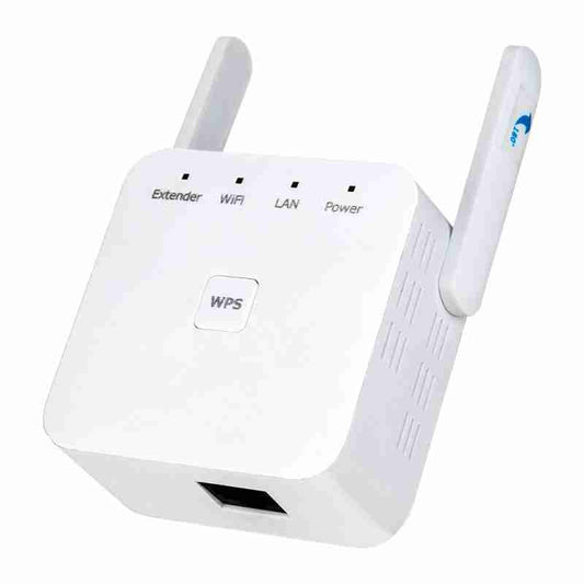 Wireless WiFi signal booster and repeater device with dual antennas, LED indicators for extender, WiFi, LAN, power, compact white design