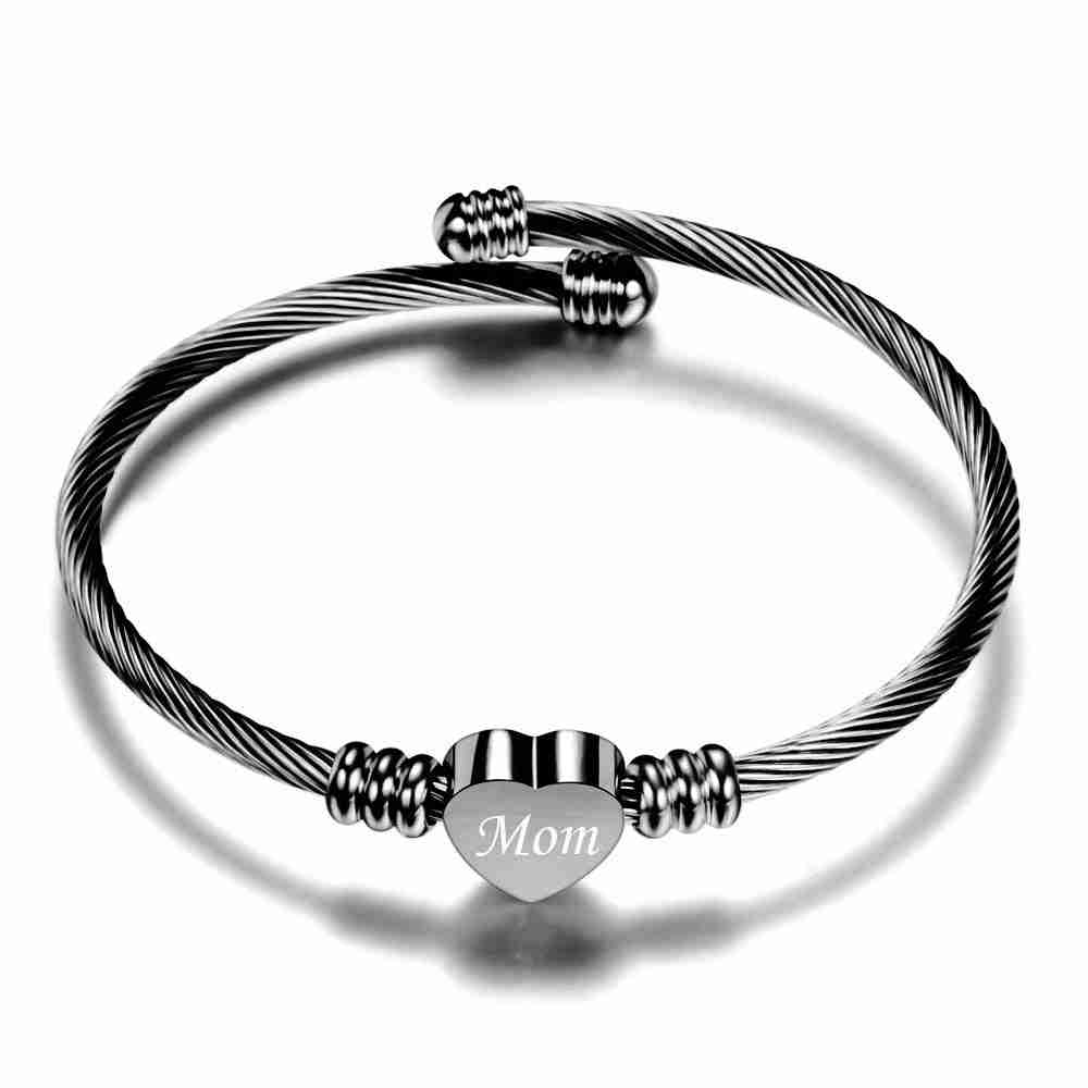 Rainbow-colored stainless steel braided bracelet with 'Mom' engraved heart charm, adjustable open cuff, vibrant Mother's Day jewelry - SKU: 1781289500743852041