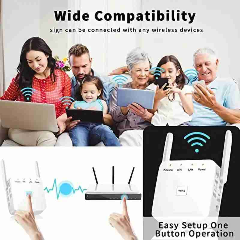 White wireless WiFi signal booster with dual antennas, compact design, LED indicators, and WPS button for home use