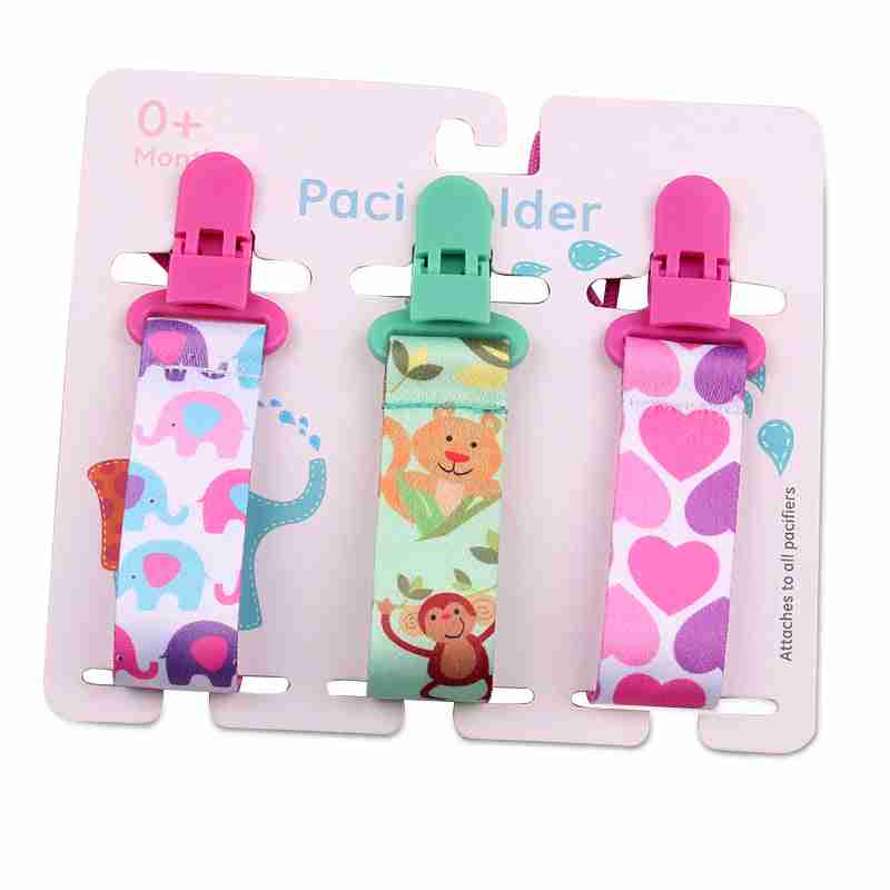Pink and purple baby pacifier teether clips with heart and animal patterns, sturdy clips, and fabric straps for babies
