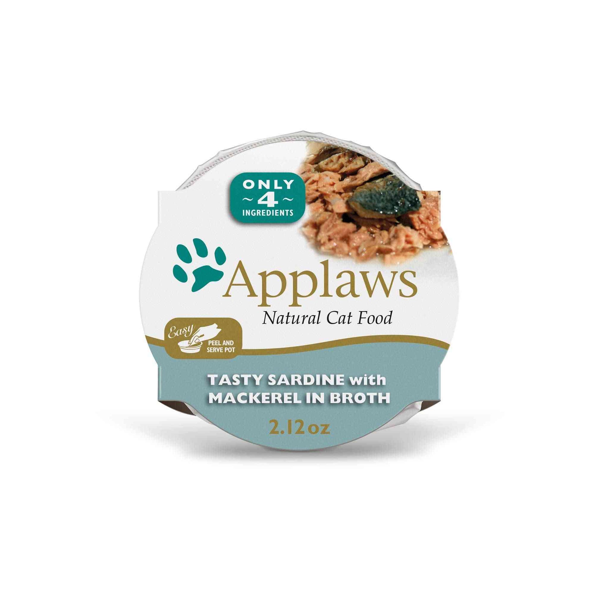 Close-up of Applaws natural wet cat food in a 2.12oz pot with sardine and mackerel in broth, limited ingredients, easy peel and serve
