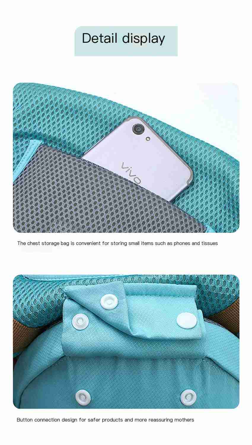 Close-up of baby carrier chest pocket with mesh fabric and a smartphone inside for small item storage