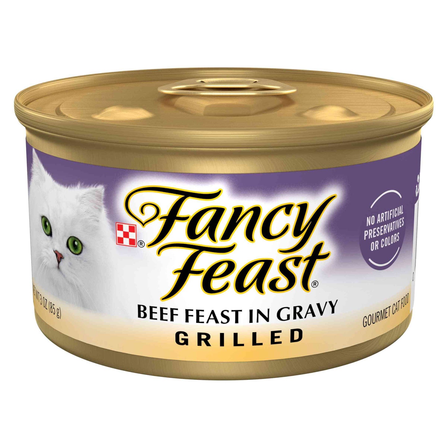 Canned cat food with a purple label and a gold pull-tab lid, featuring a white cat with green eyes, labeled as beef feast in gravy.