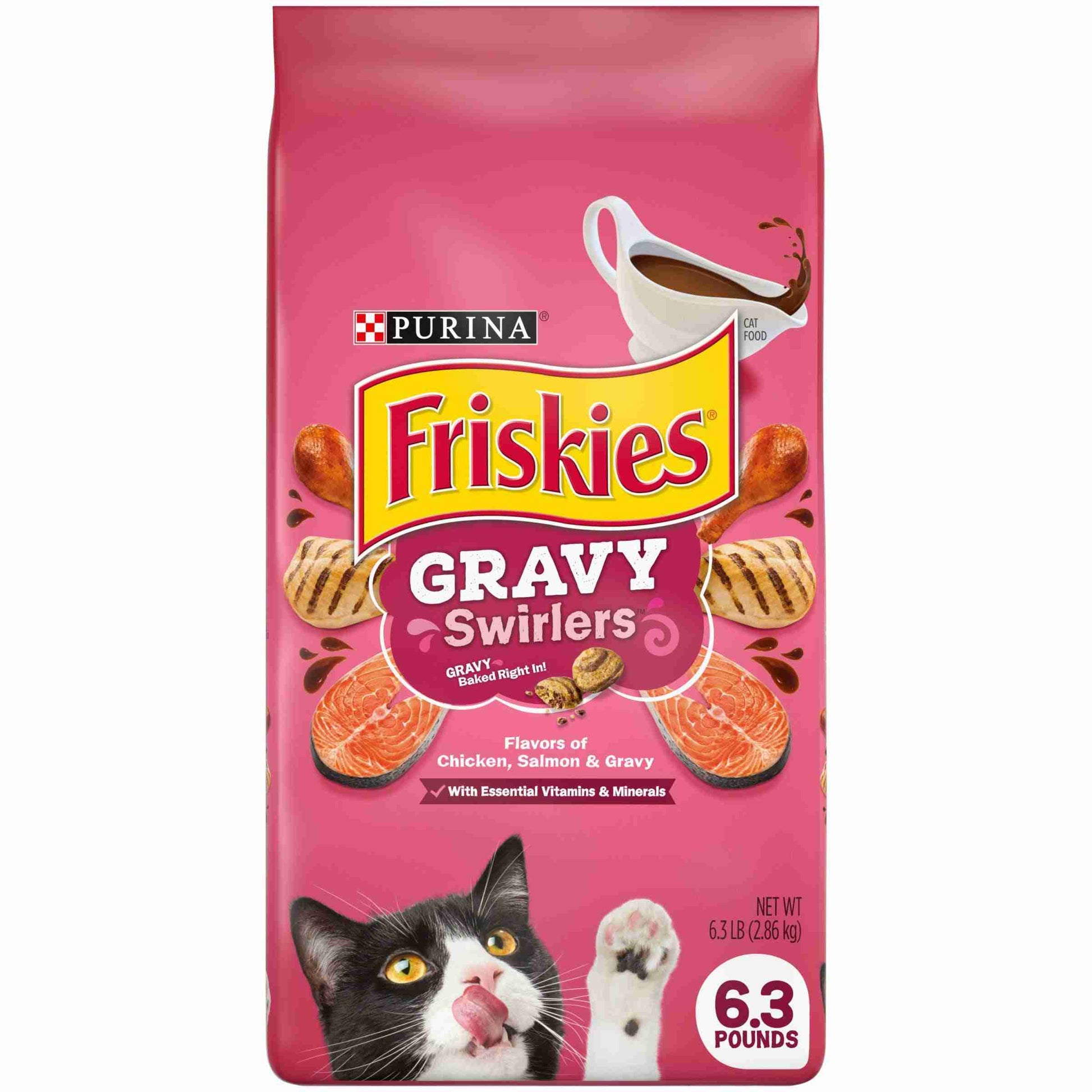Pink bag of Purina Friskies dry cat food with gravy swirlers, featuring a black and white cat licking its paw, net weight 6.3 pounds